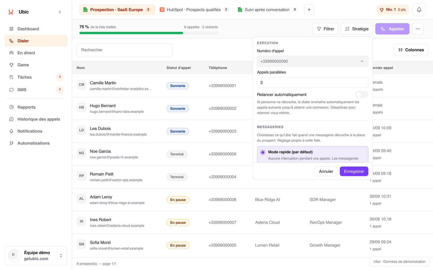 Le dialer Ubic pendant une session : trois prospects en statut Sonnerie, panneau Stratégie réglé sur 3 appels parallèles
